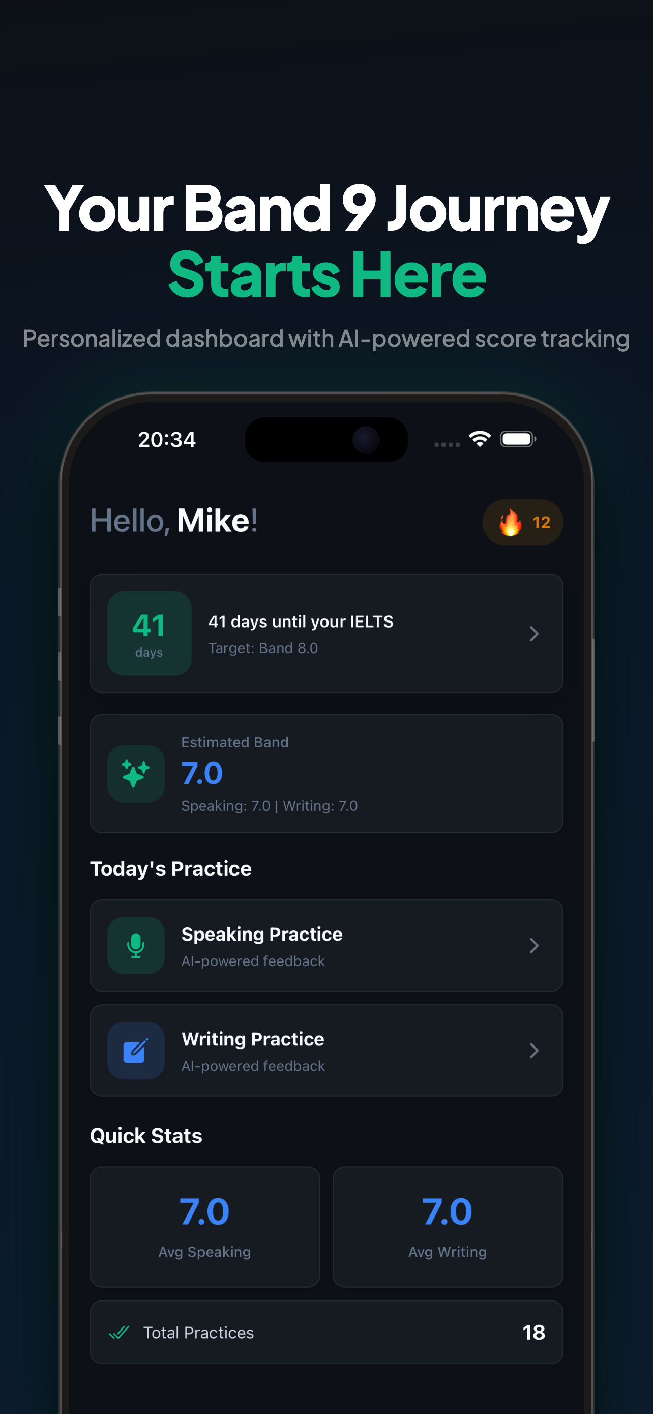 IELTS 9 app home screen — personalized dashboard with AI-powered score tracking