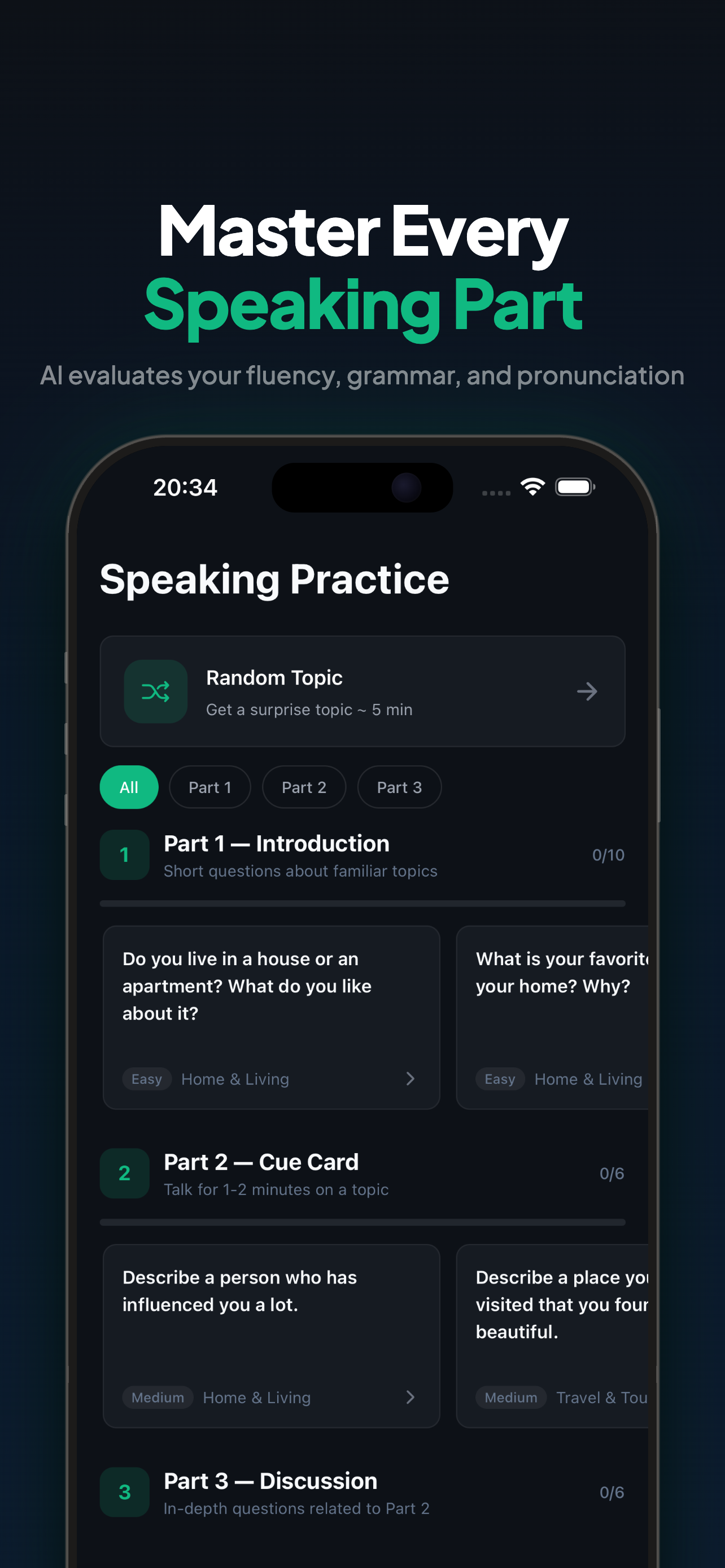 IELTS 9 speaking practice — Part 1, 2, and 3 questions with AI feedback