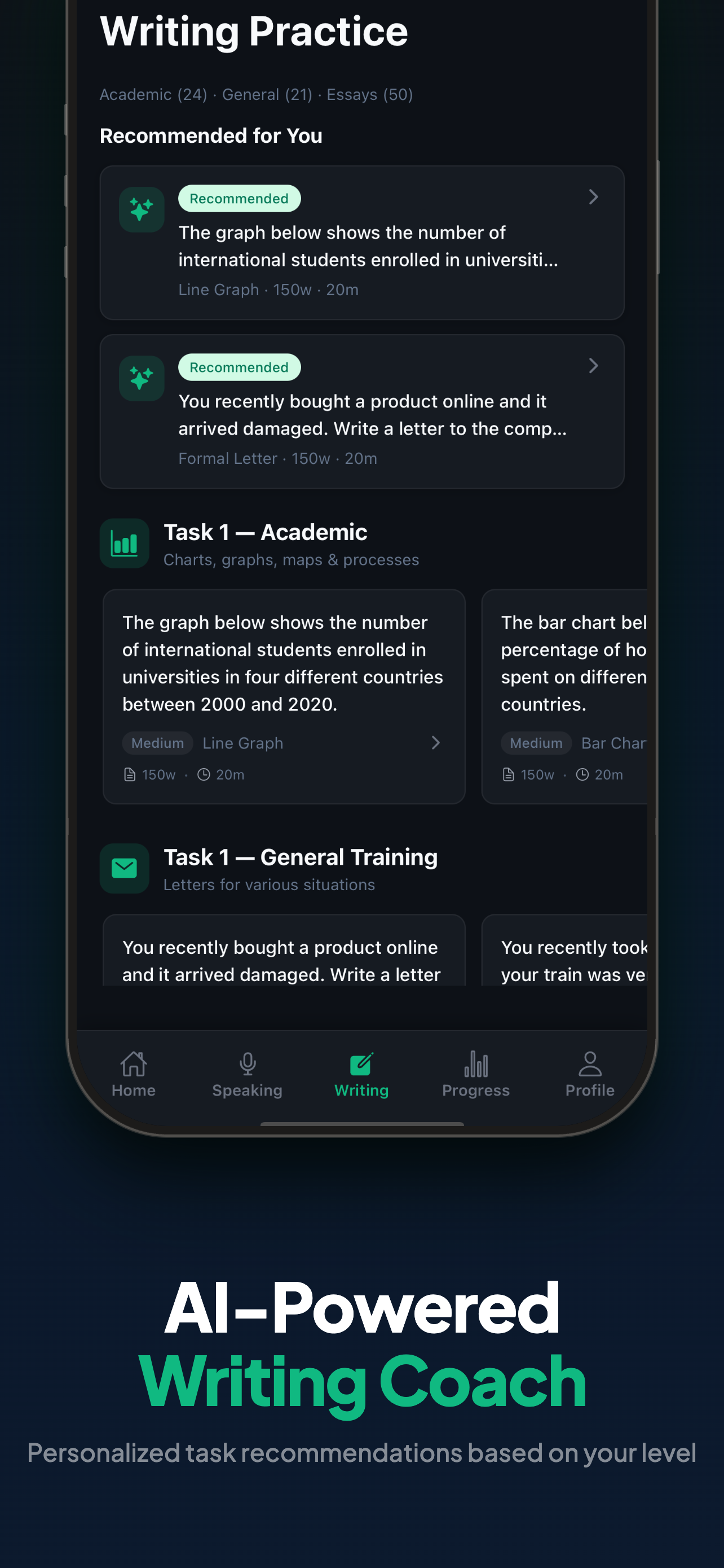 IELTS 9 writing practice — AI-powered task recommendations